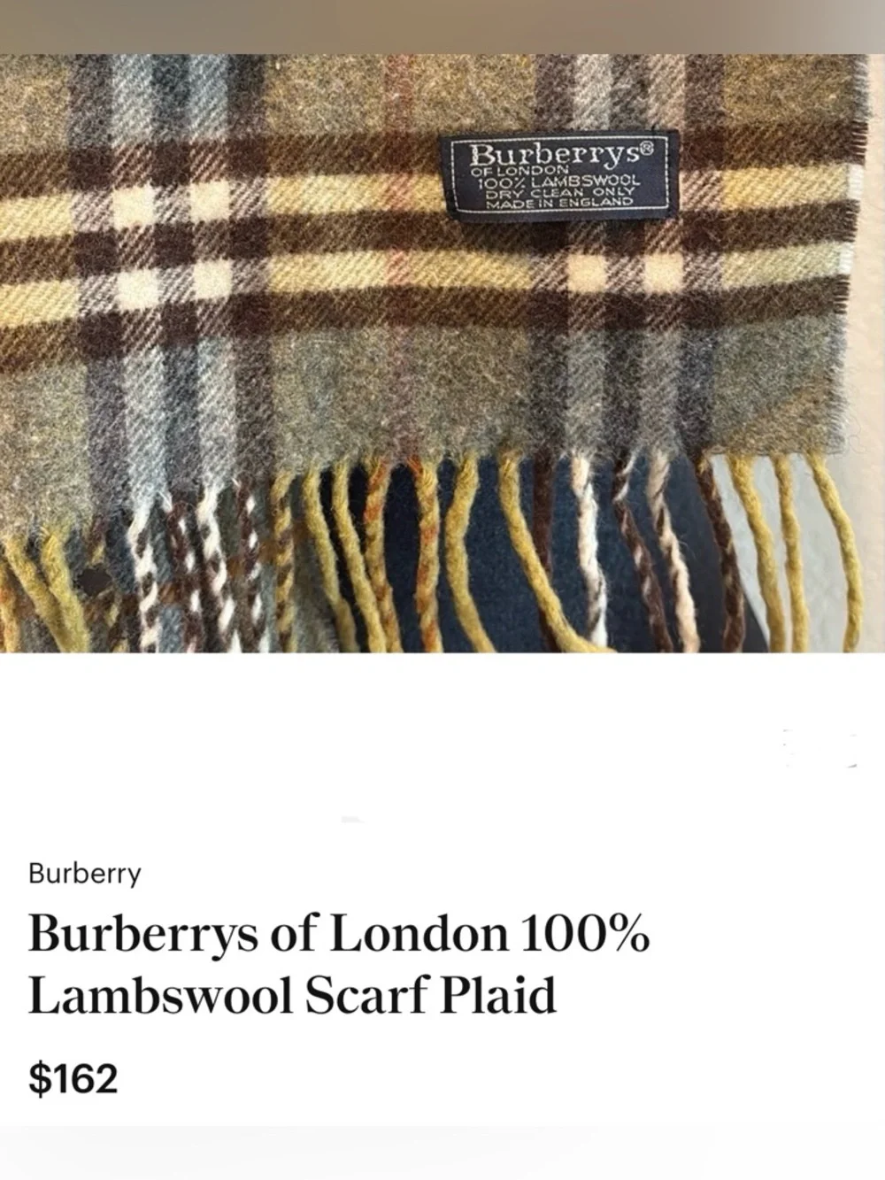 Burberry  Gray Plaid  100% LambWool Scarf with Fringe